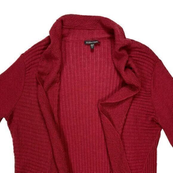 Eileen Fisher Wool Cardigan Sweater Womens Medium Burgundy Open Front Ruffle Hem - Picture 2 of 16